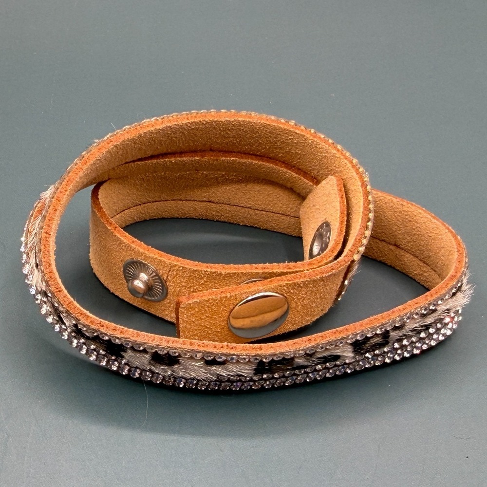 Leopard Print Rhinestone Wrap Bracelet Tan Suede Crystal Sparkle Boho Statement - Picture 8 of 13